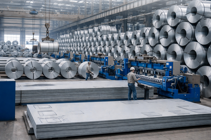 Proses fabrikasi baja di pabrik industri modern untuk konstruksi gedung dan proyek struktur baja oleh RBS