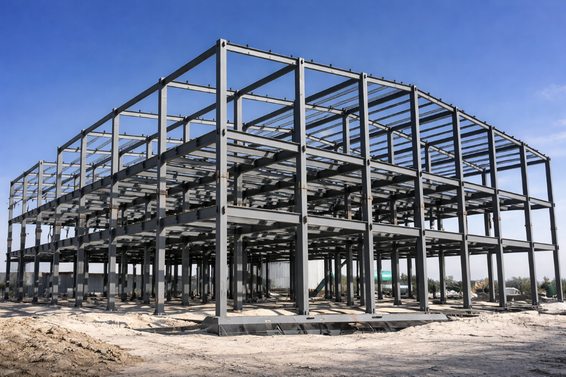 “Pekerja konstruksi baja sedang melakukan proses fabrikasi dan pemasangan struktur baja untuk proyek konstruksi modern”